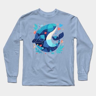 Geometrical Colorful Blue Whale. Adorable Mosaic Cute Kawaii Simple Animal Long Sleeve T-Shirt